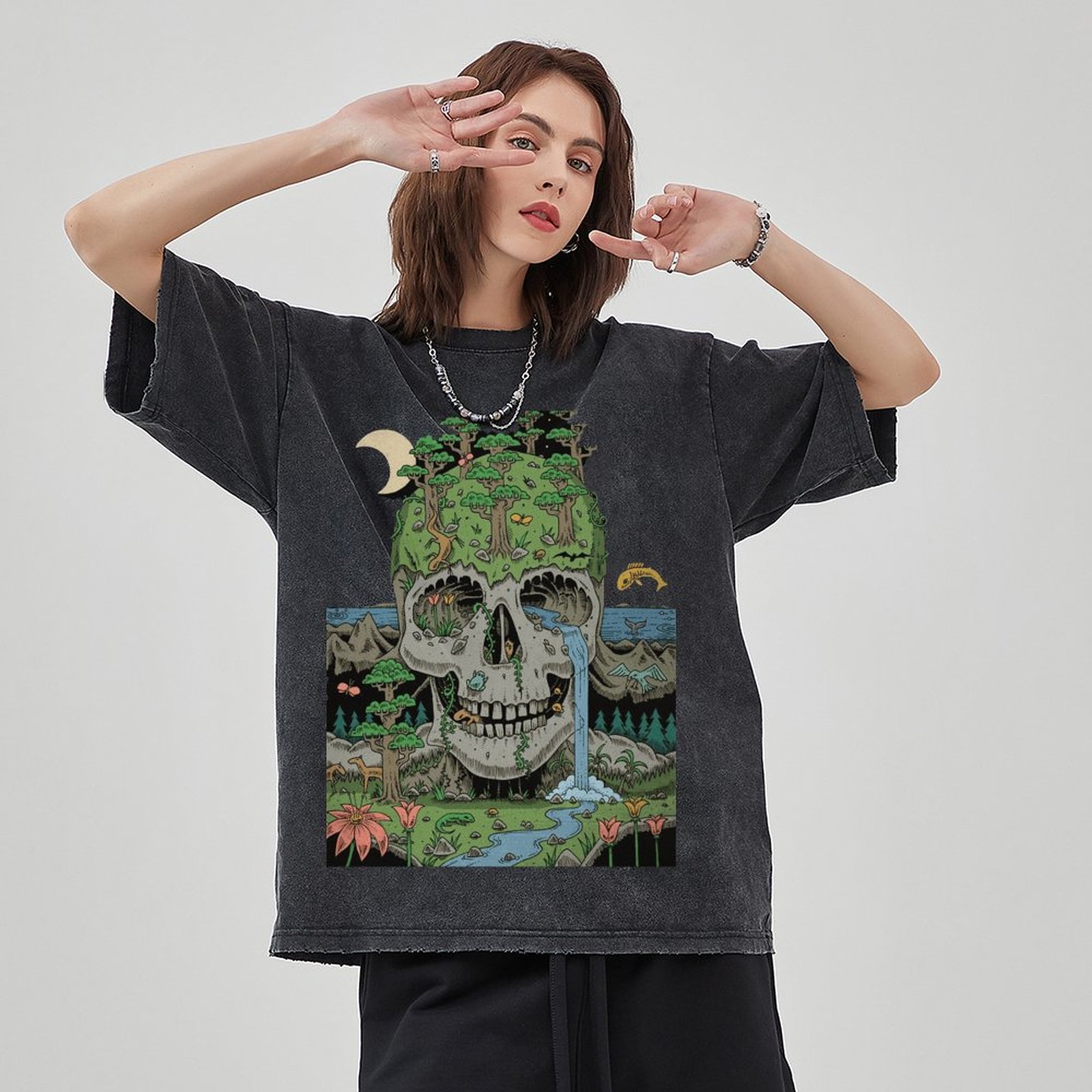Skull Crying Unisex Vintage Solid Wash Denim T-Shirts-Print-cool