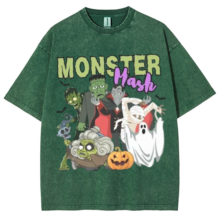Monster Mash Unisex Printed Retro Washed Short Sleeved T-Shirt