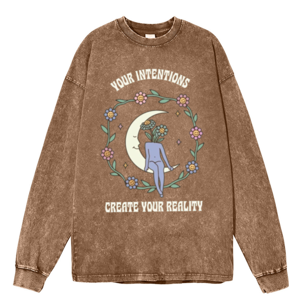 Your Intentions Unisex Casual Washed Printed Round Neck Long Sleeve T-shirt