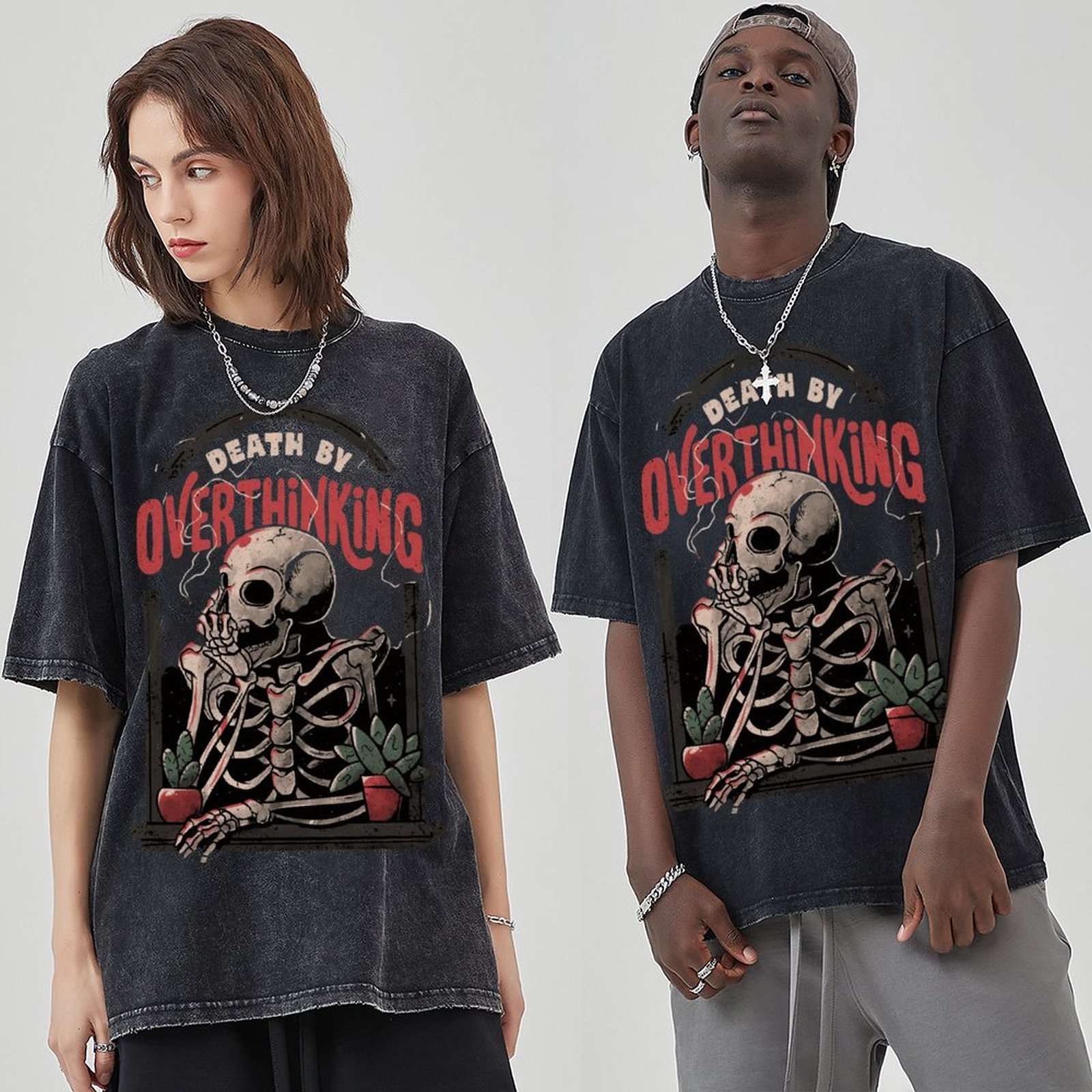Death Skull Unisex Vintage Solid Wash Denim T-Shirts