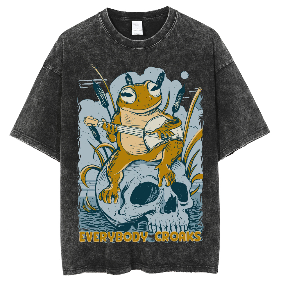 Rock Frog Skull Unisex Vintage Wash Denim T-Shirts-Print-cool