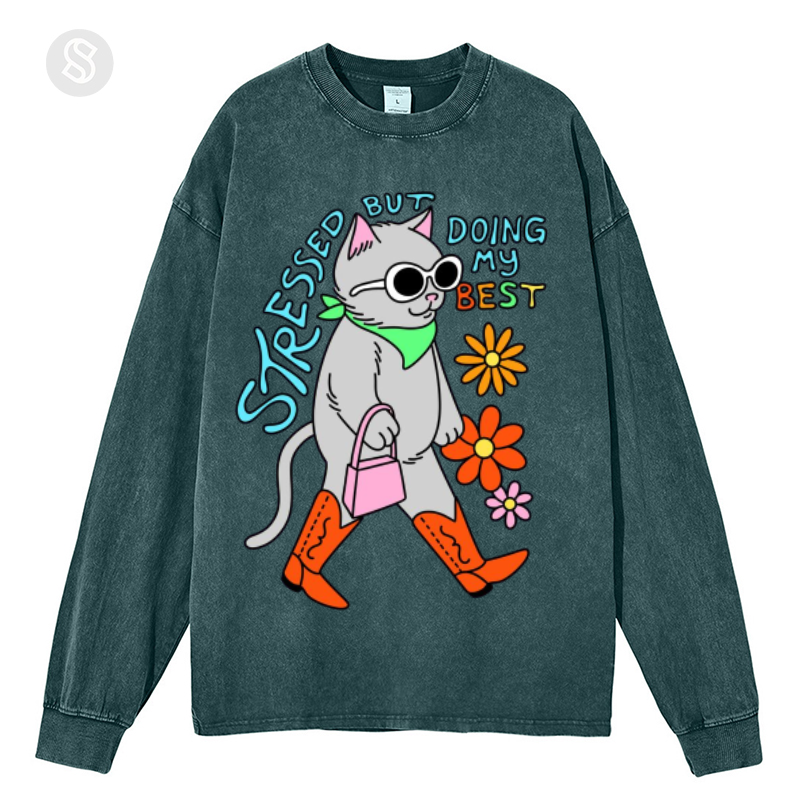 Stressed But Doing My Best Cat Unisex Washed Printed Round Neck Long Sleeve T-Shirt-Print-cool