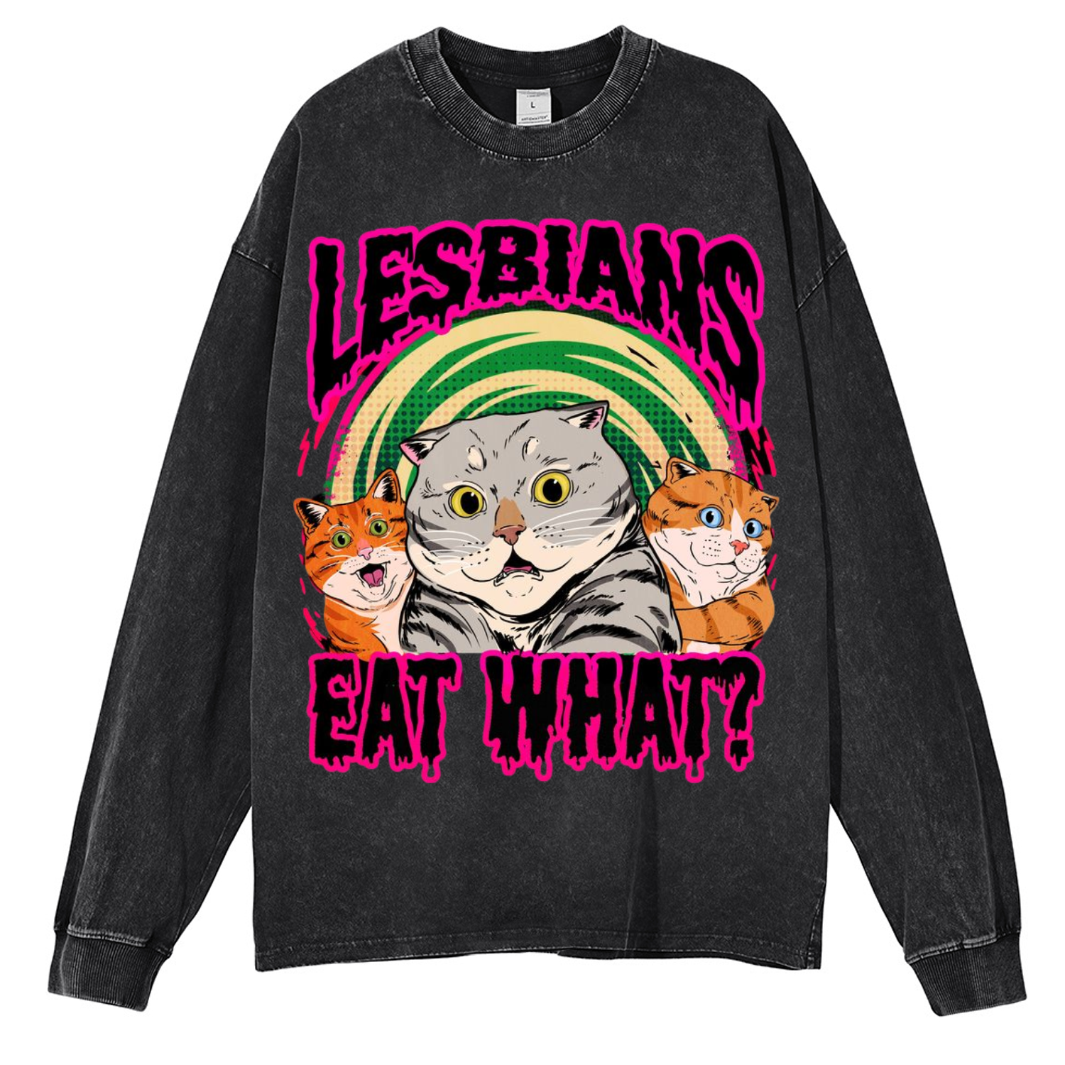 Eat What Cat Unisex Washed Printed Round Neck Long Sleeve T-Shirt