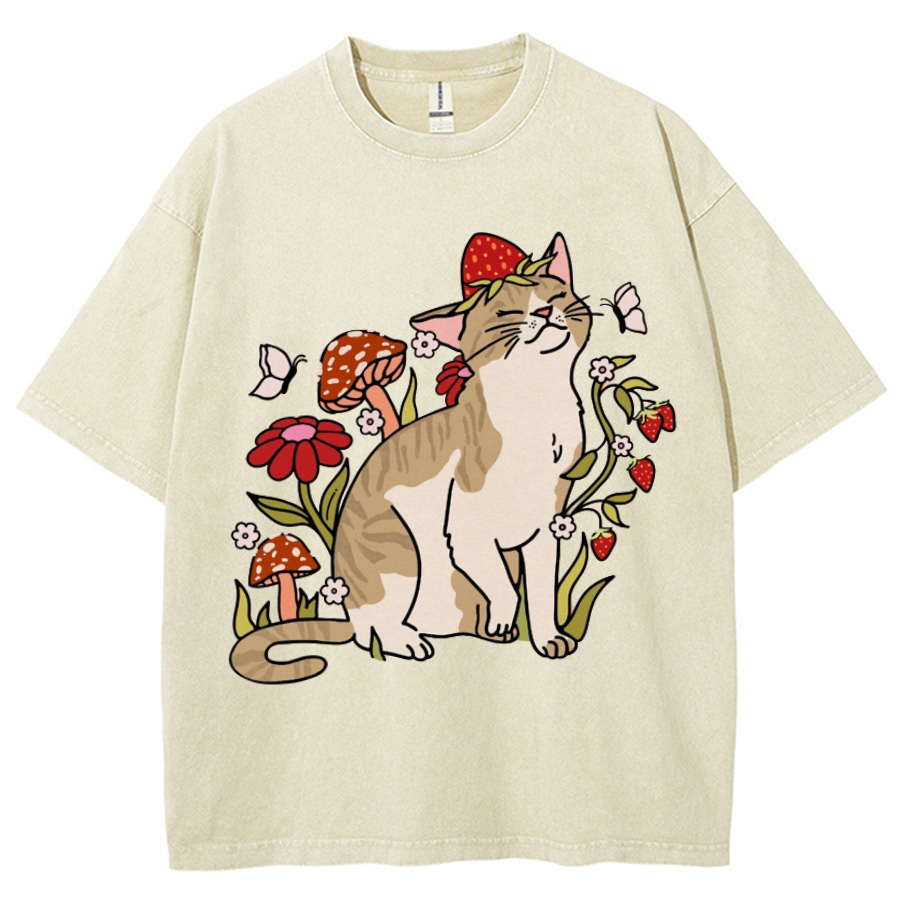 Cat And Plant Unisex Printed Retro Washed Short Sleeved T-Shirt-Print-cool
