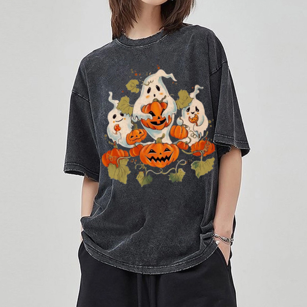 Spooky Pumpkin Unisex Printed Retro Washed Short Sleeved T-Shirt