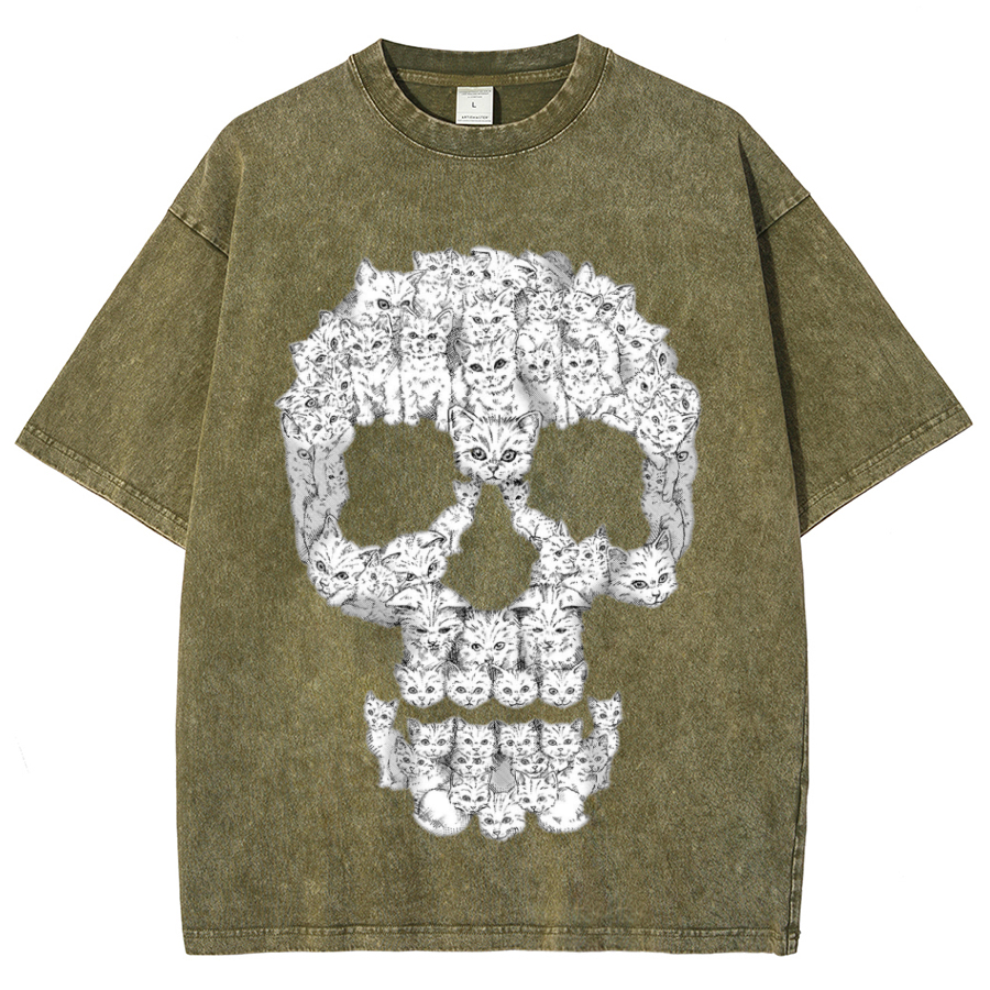 Kitty Skull Unisex Oversized Print Vintage Wash Denim T-Shirt