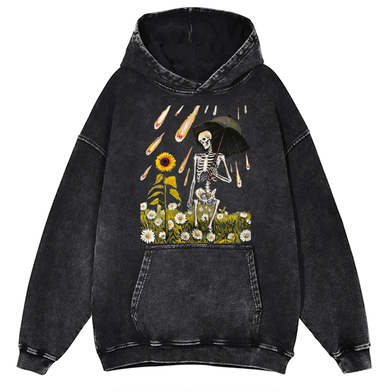 Skull Sunflower Raining Unisex Printed Casual Washed Hoodie Sweatshirt