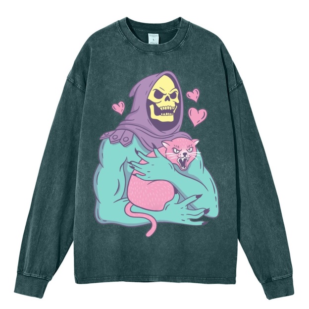 Funny Skull Cat Unisex Casual Washed Printed Long Sleeve T-shirt