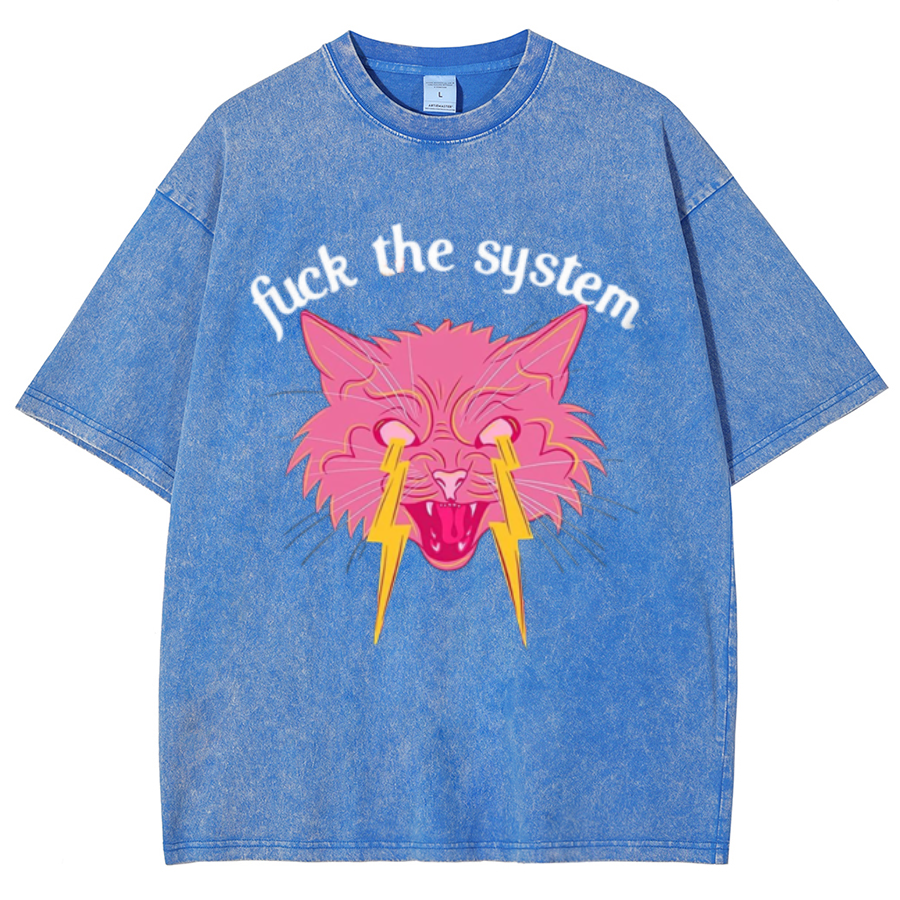 Fuck The System Unisex Oversized Print Vintage Wash Denim T-Shirt-Print-cool