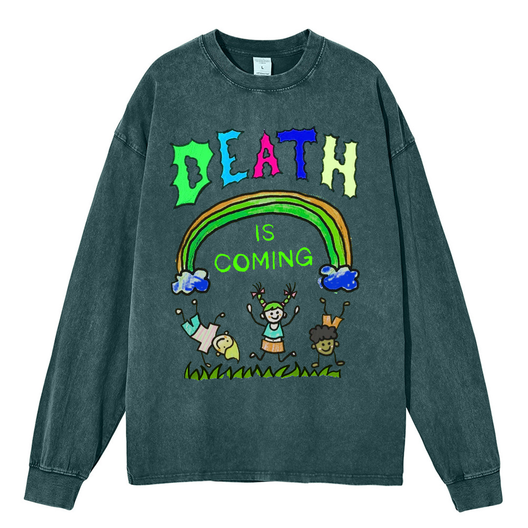 Death Is Coming Unisex Casual Washed Printed Round Neck Long Sleeve T-shirt-Print-cool