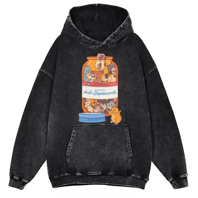 Funny Cat Unisex Printed Casual Washed Hoodie Sweatshirt-Print-cool