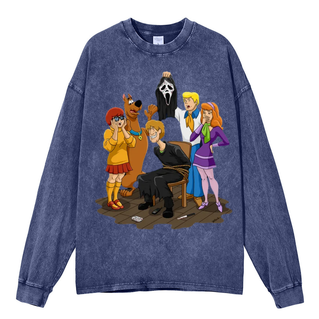 Ghost Face Unisex Washed Printed Round Neck Long Sleeve T-Shirt-Print-cool