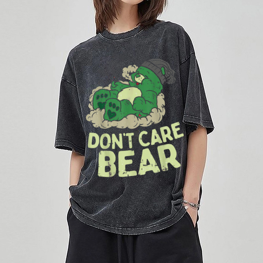 Bear Smoking Unisex Printed Retro Washed Short Sleeved T-Shirt-Print-cool
