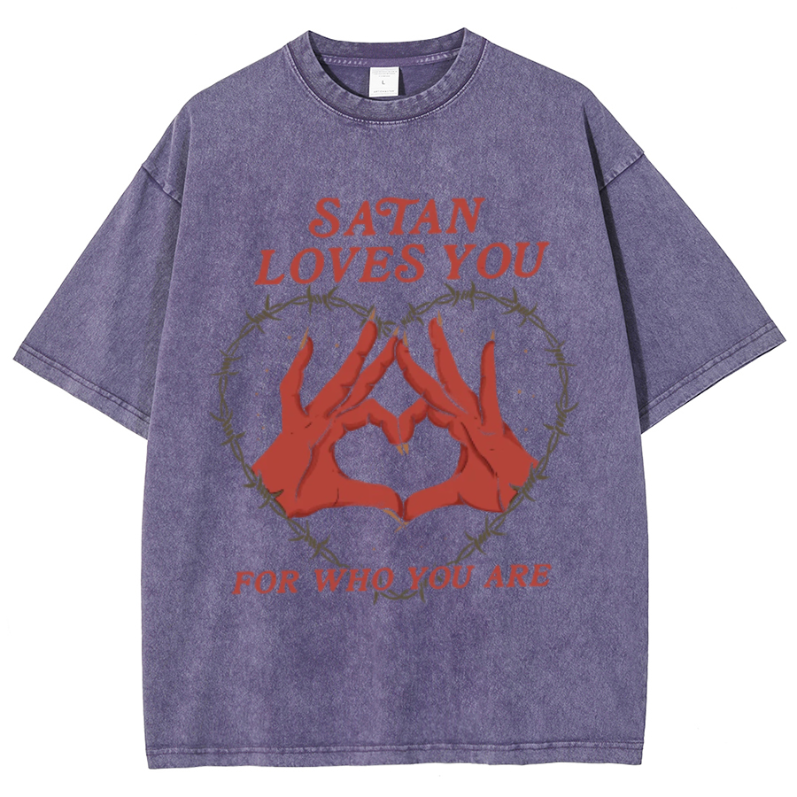 Satan Loves You Unisex Oversized Print Vintage Wash Denim T-Shirt