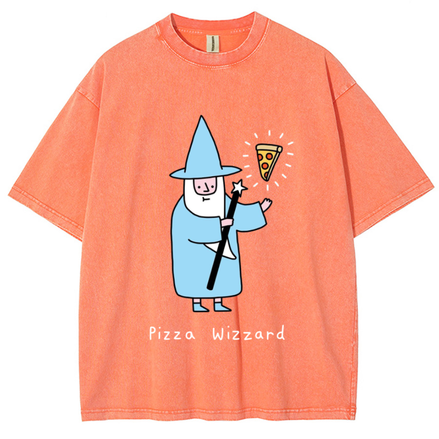 Pizza Wizzard Unisex Printed Retro Washed Short Sleeved T-Shirt-Print-cool