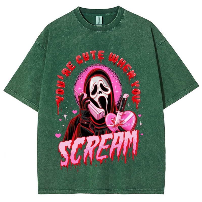 Cute Scream Unisex Vintage Solid Wash Denim T-Shirts