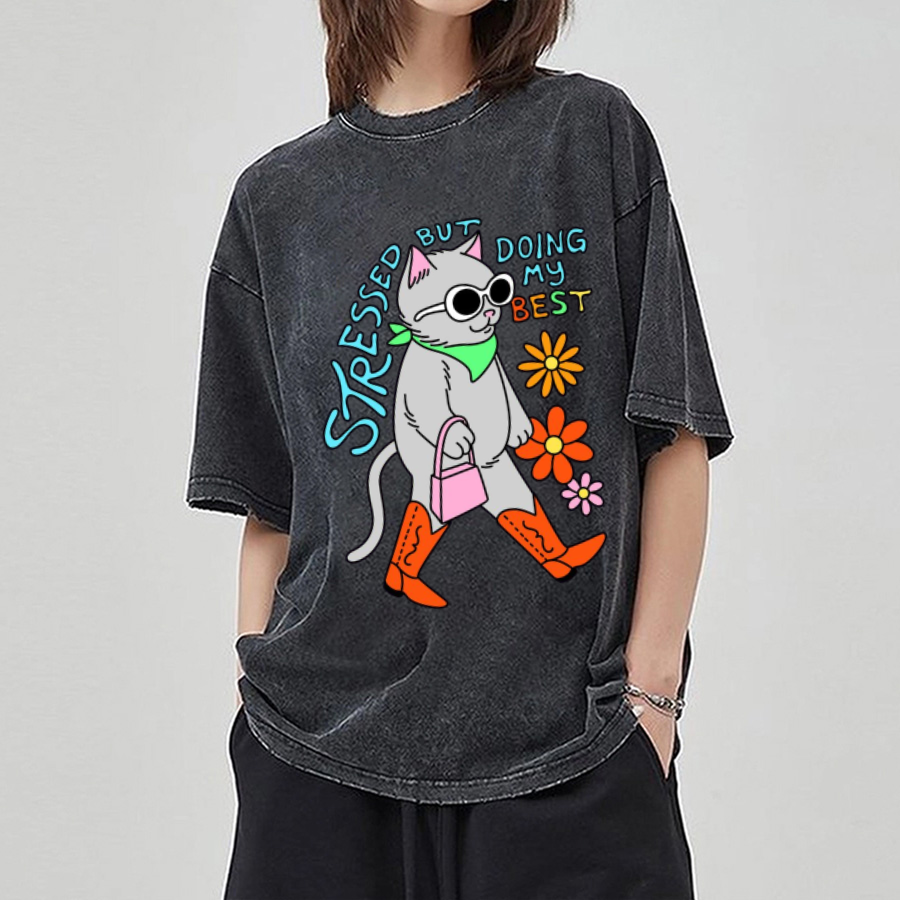 Stressed But Doing My Best Cat Unisex Printed Retro Washed Short Sleeved T-Shirt