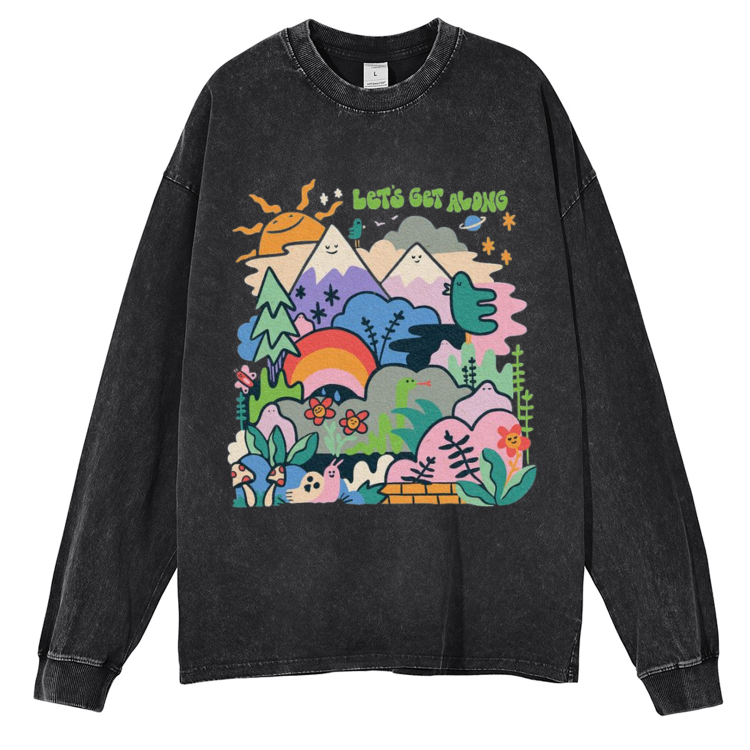 Lets Get Along Unisex Casual Washed Printed Round Neck Long Sleeve T-shirt-Print-cool
