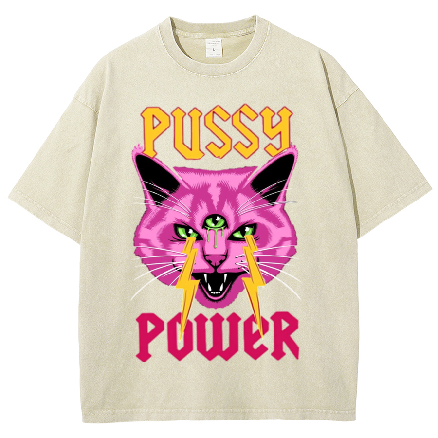Pussy Power Unisex Oversized Print Vintage Wash Denim T-Shirt