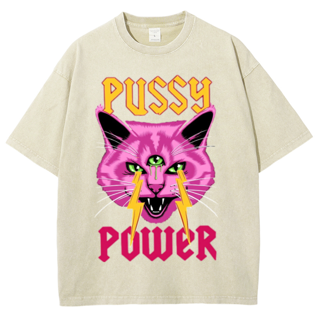 Pussy Power Unisex Oversized Print Vintage Wash Denim T-Shirt