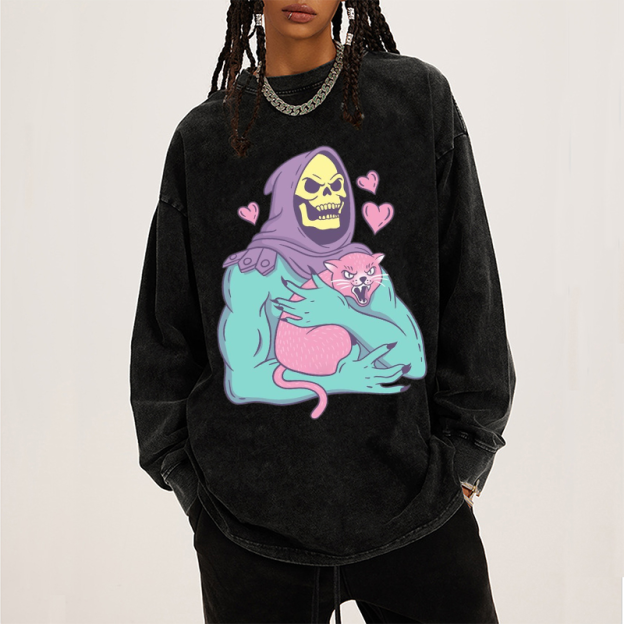 Funny Skull Cat Unisex Casual Washed Printed Long Sleeve T-shirt