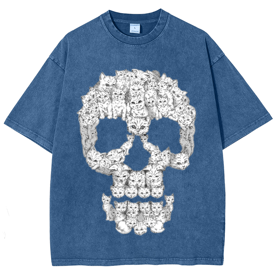 Kitty Skull Unisex Oversized Print Vintage Wash Denim T-Shirt
