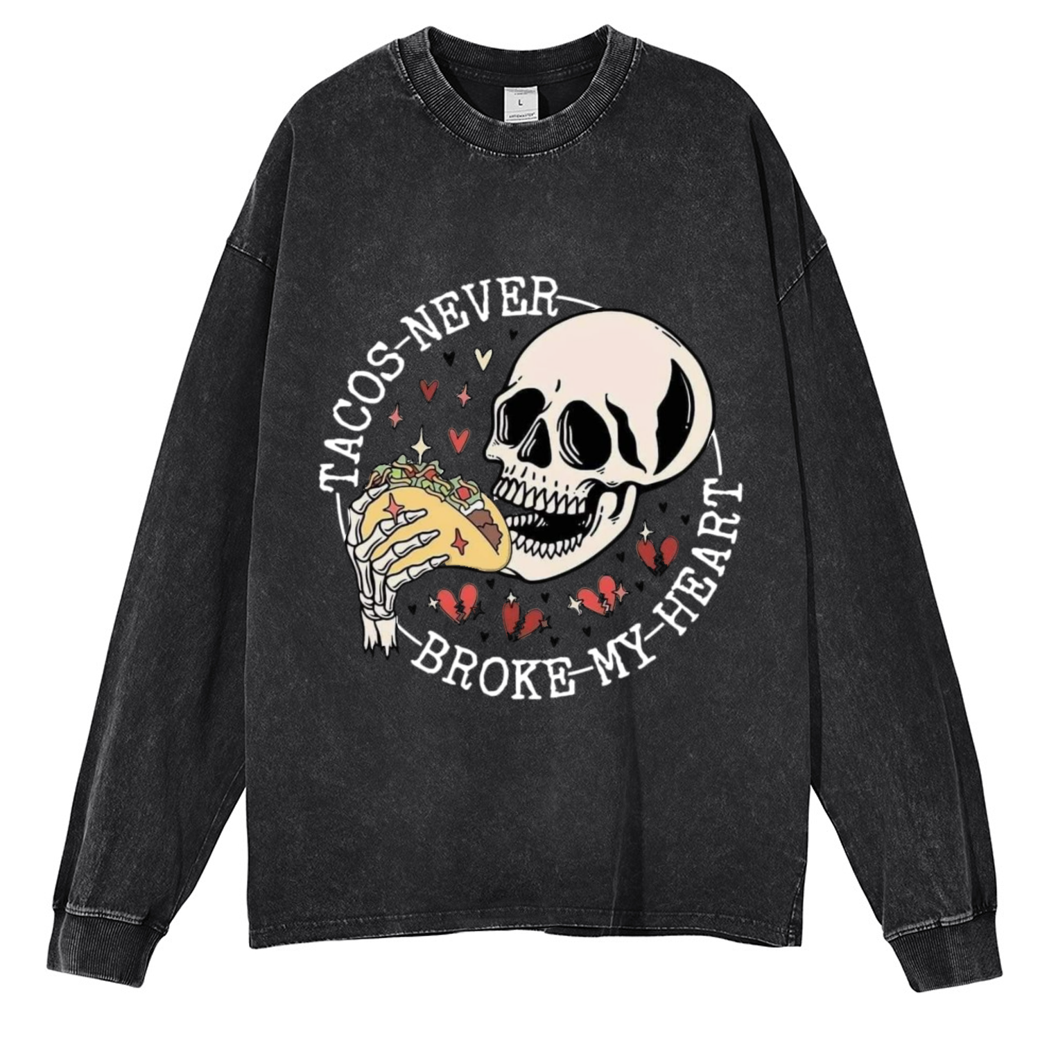 Broke My Heart Unisex Casual Washed Printed Round Neck Long Sleeve T-shirt