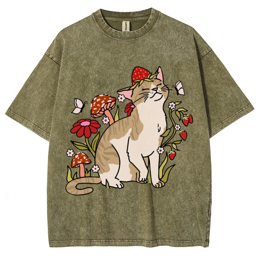 Cat And Plant Unisex Printed Retro Washed Short Sleeved T-Shirt-Print-cool