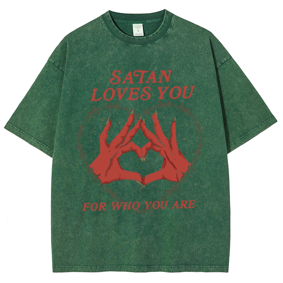 Satan Loves You Unisex Oversized Print Vintage Wash Denim T-Shirt
