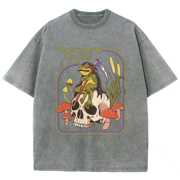 Everybody Croaks Unisex Oversized Print Vintage Wash Denim T-Shirt