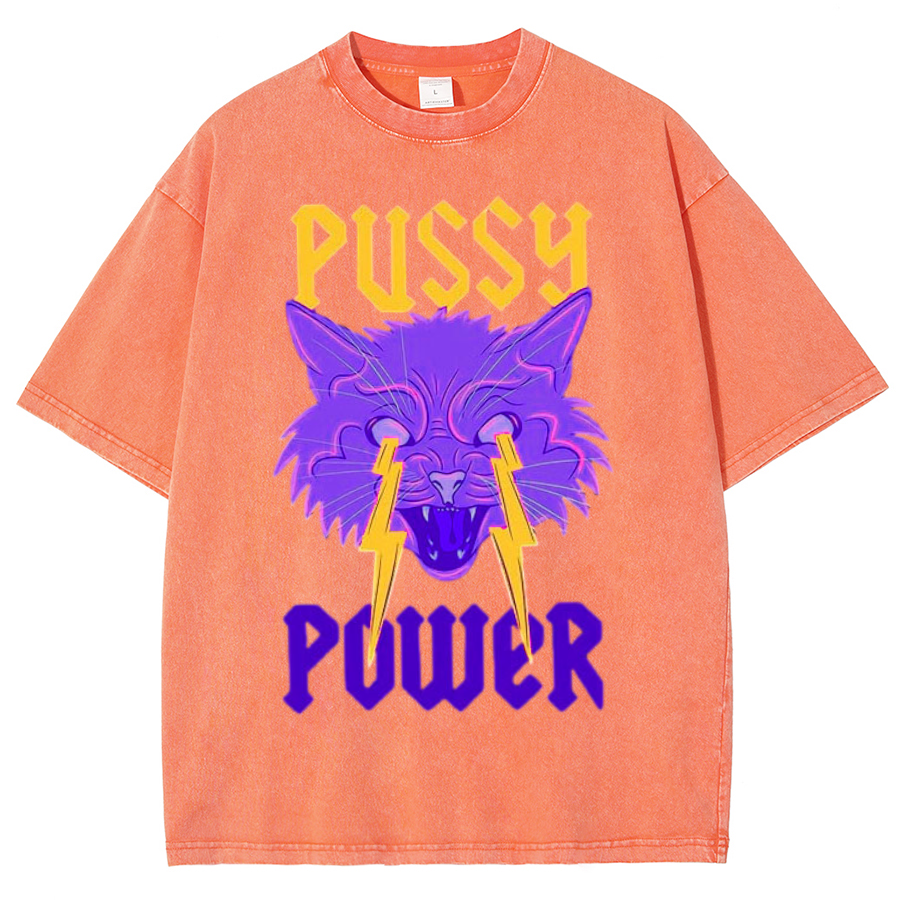 Pussy Power Unisex Oversized Print Vintage Wash Denim T-Shirt-Print-cool