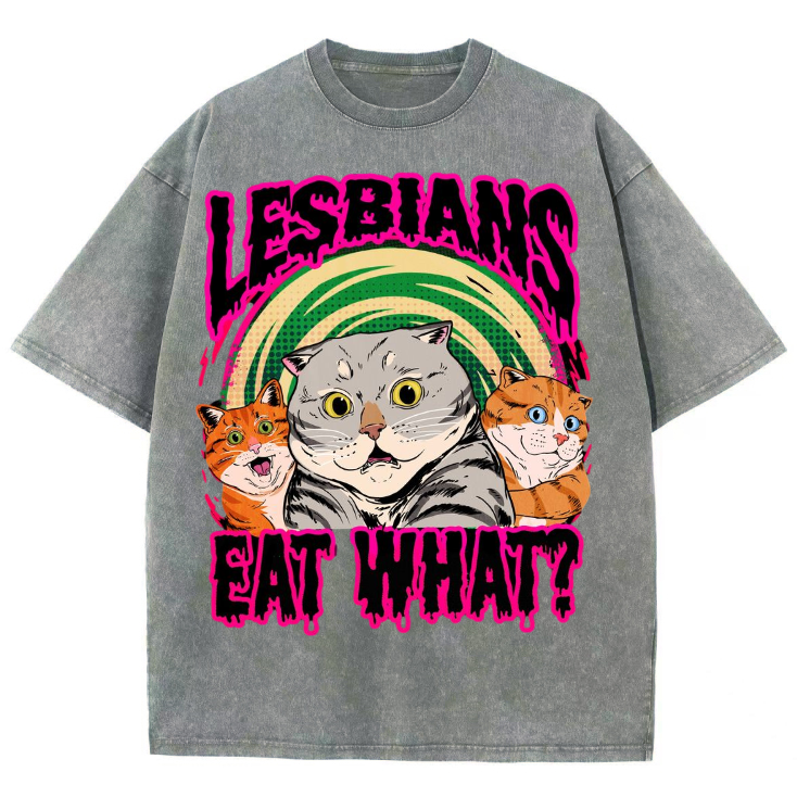 Eat What Lesbians Unisex Printed Retro Washed Short Sleeved T-Shirt