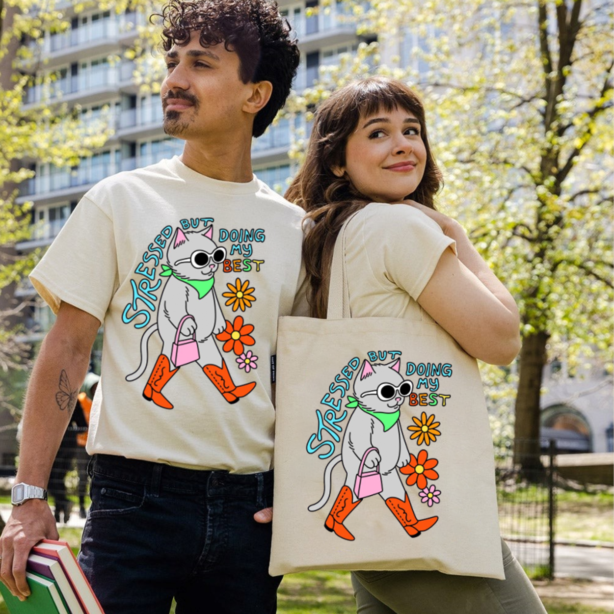 Stressed But Doing My Best Cat Unisex Printed Retro Washed Short Sleeved T-Shirt