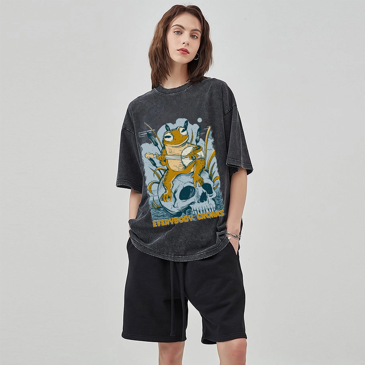 Rock Frog Skull Unisex Vintage Wash Denim T-Shirts-Print-cool