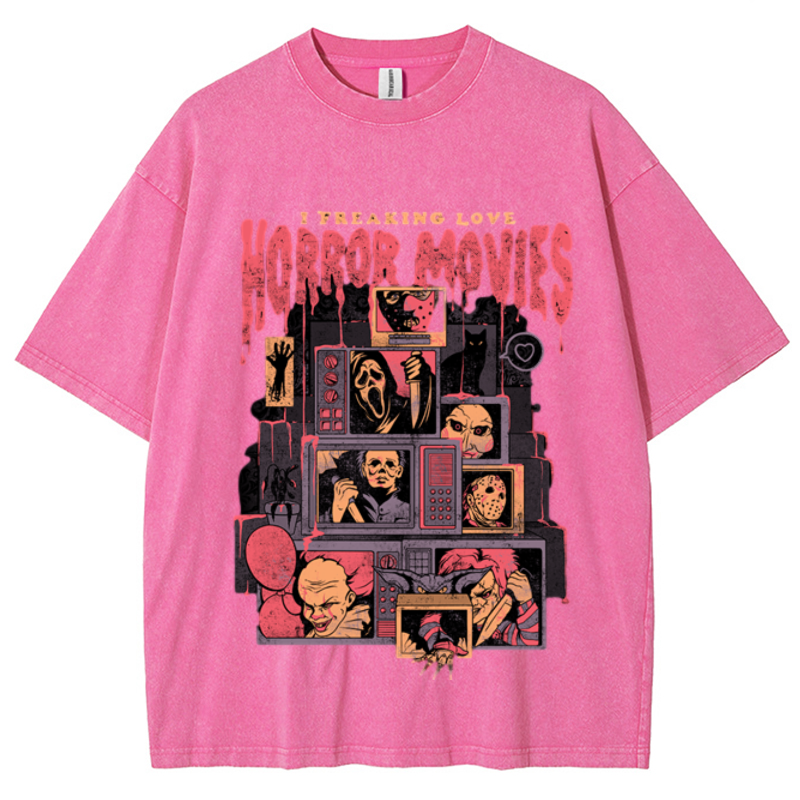Horror Movies Unisex Vintage Wash Denim T-Shirts-Print-cool