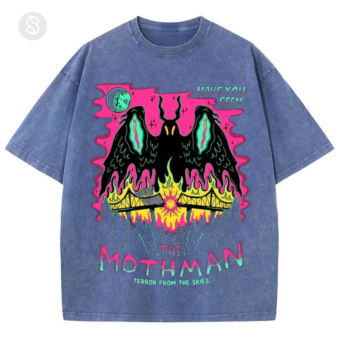 Have You See The Mothman Unisex Printed Retro Washed Short Sleeved T-Shirt-Print-cool
