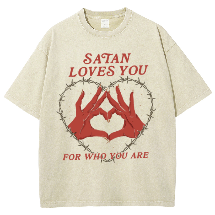 Satan Loves You Unisex Oversized Print Vintage Wash Denim T-Shirt