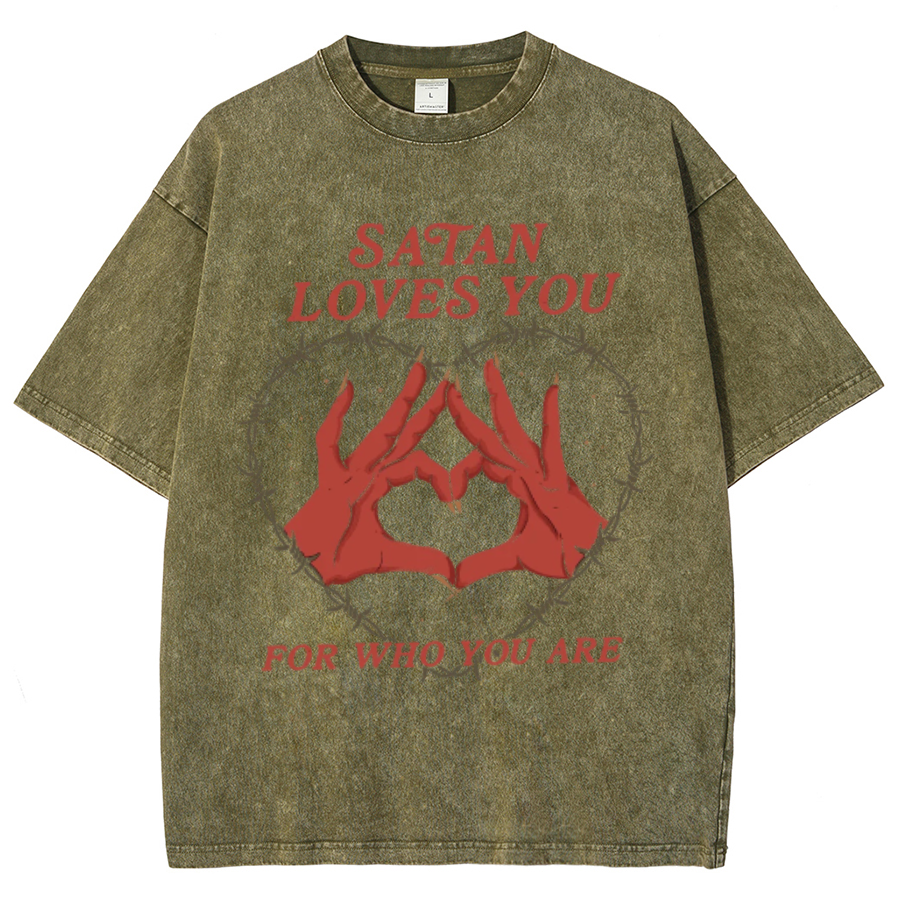 Satan Loves You Unisex Oversized Print Vintage Wash Denim T-Shirt