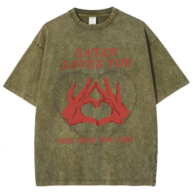 Satan Loves You Unisex Oversized Print Vintage Wash Denim T-Shirt