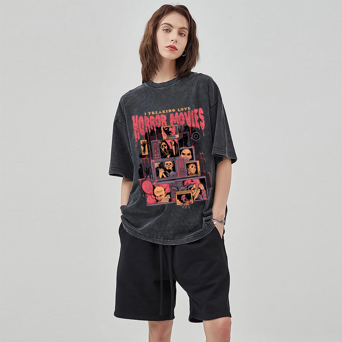 Horror Movies Unisex Vintage Wash Denim T-Shirts-Print-cool