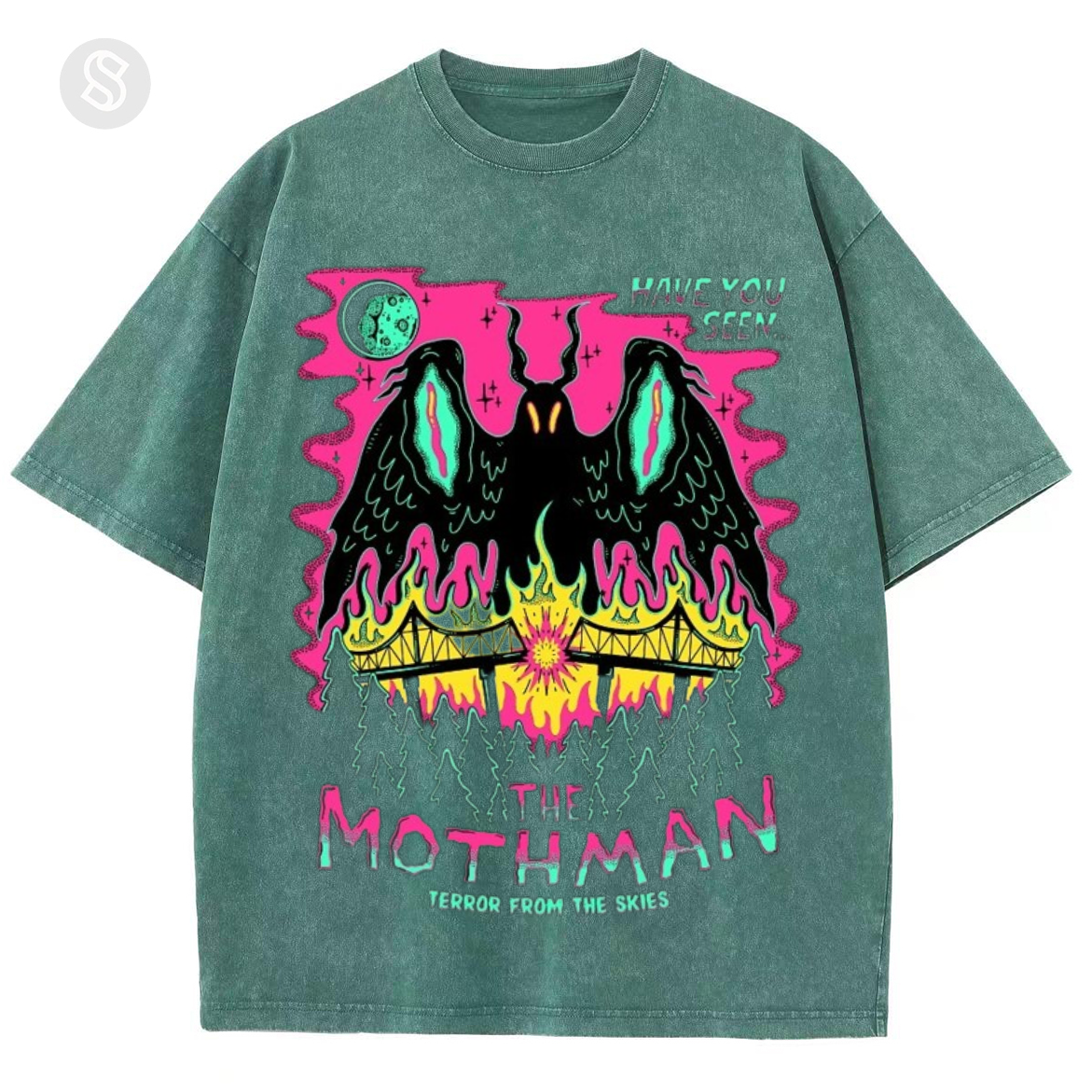 Have You See The Mothman Unisex Printed Retro Washed Short Sleeved T-Shirt-Print-cool