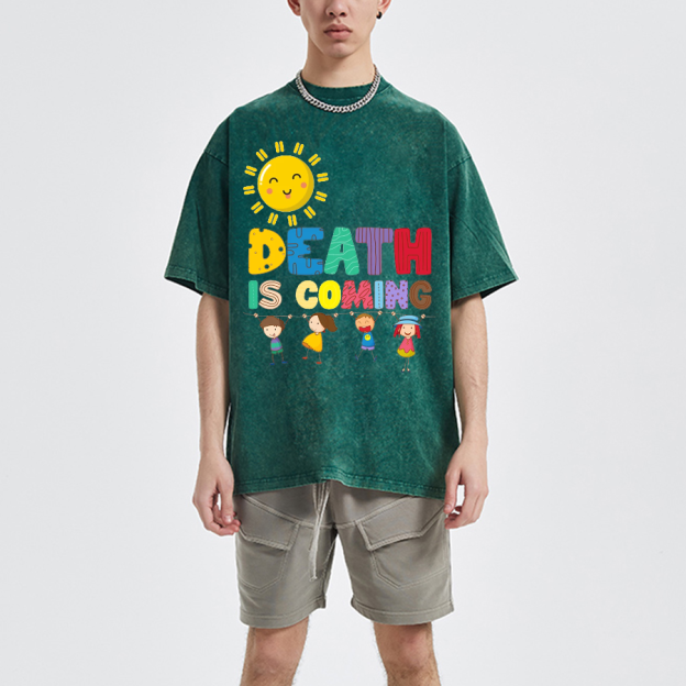 Death Is Coming Unisex Oversized Print Vintage Wash Denim T-Shirt