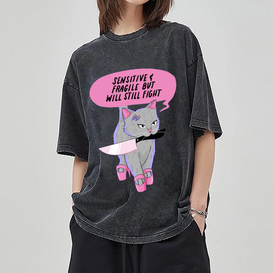 Sensitive Cat Unisex Printed Retro Washed Short Sleeved T-Shirt-Print-cool