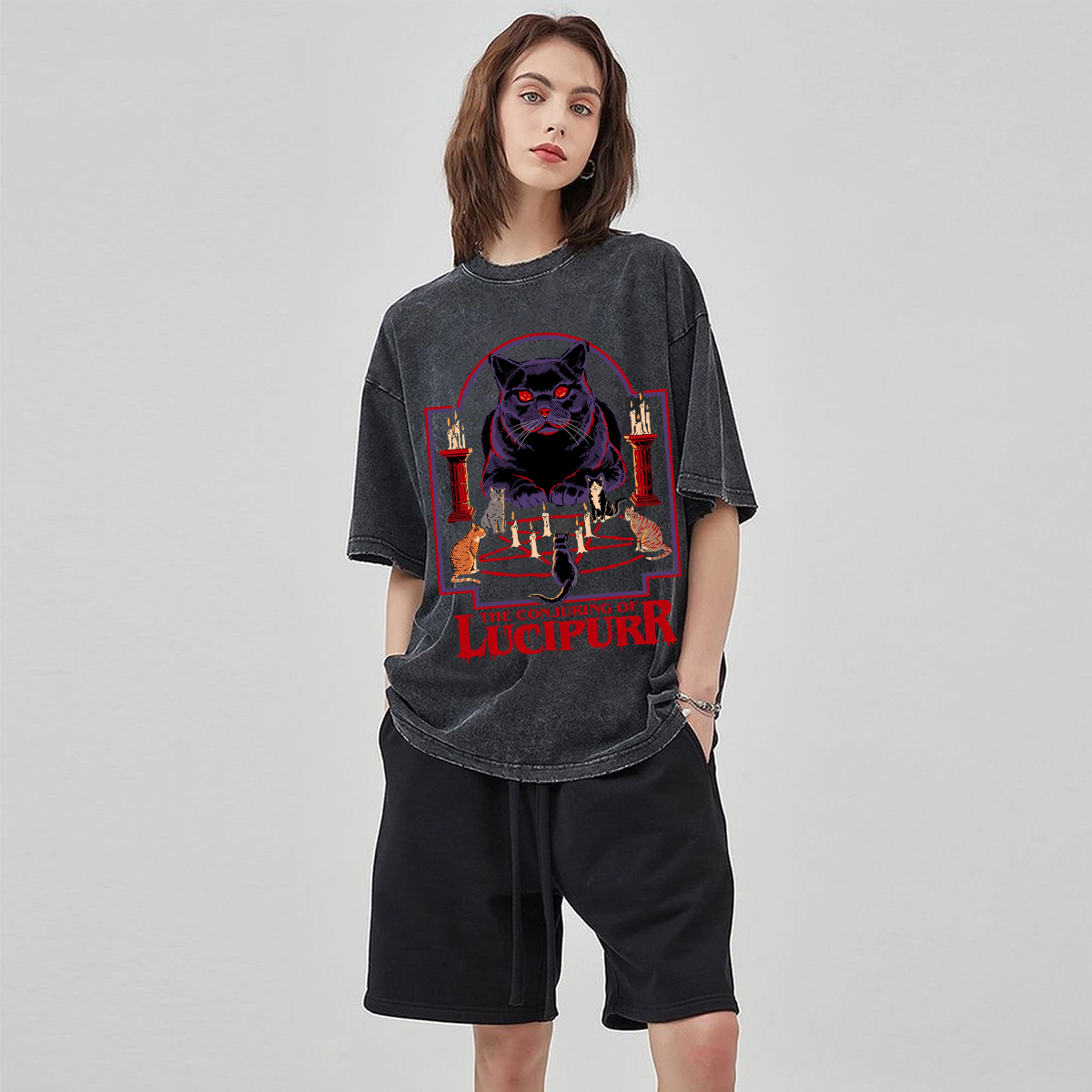 The Conjuring Of Lucipurr Unisex Vintage Solid Wash Denim T-Shirts-Print-cool