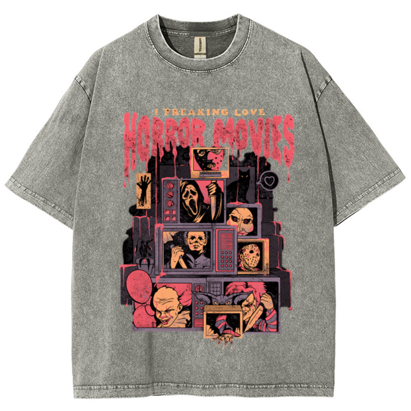 Horror Movies Unisex Vintage Wash Denim T-Shirts-Print-cool