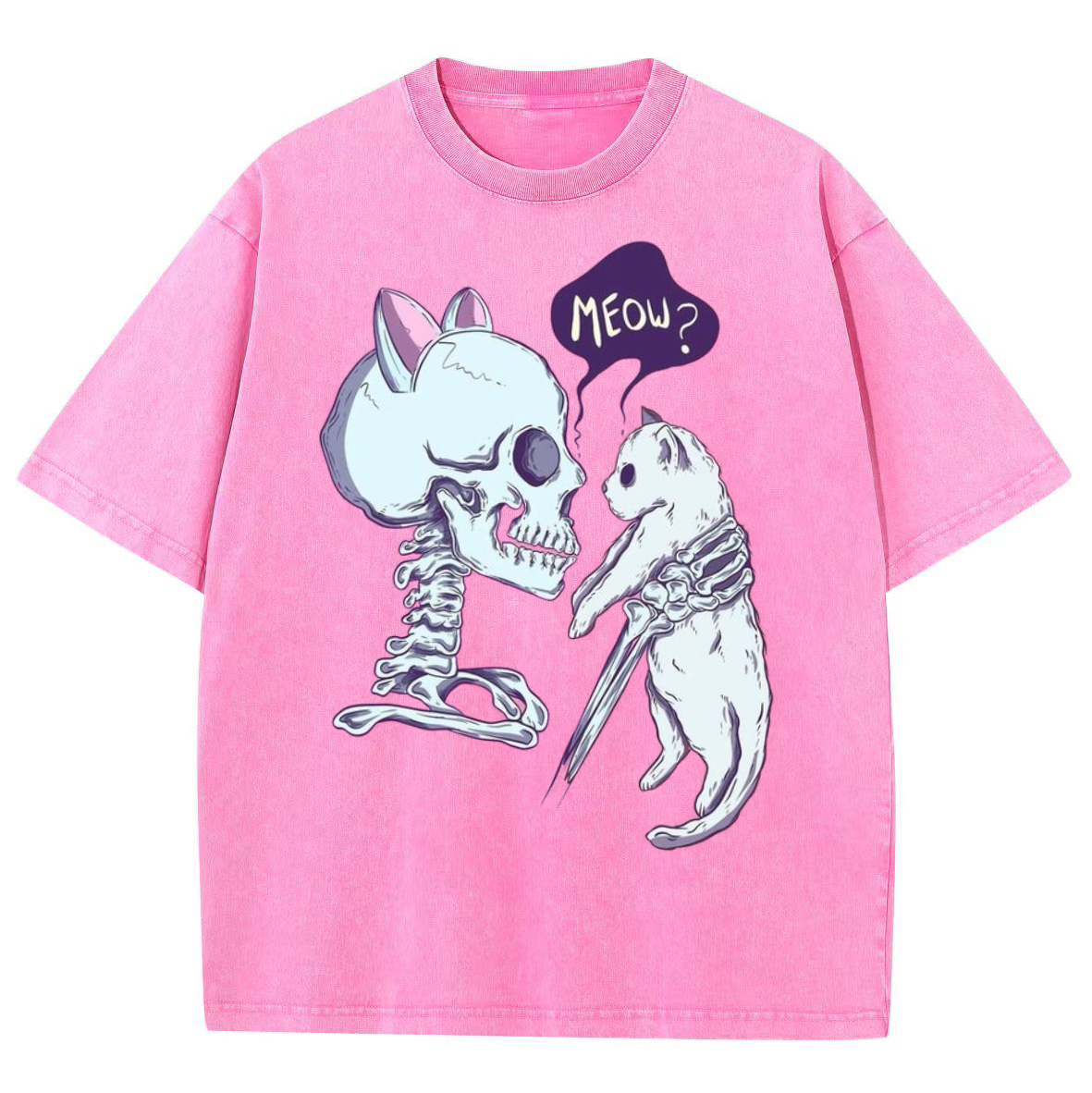 Funny Skull Cat Unisex Vintage Solid Wash Denim T-Shirts-Print-cool