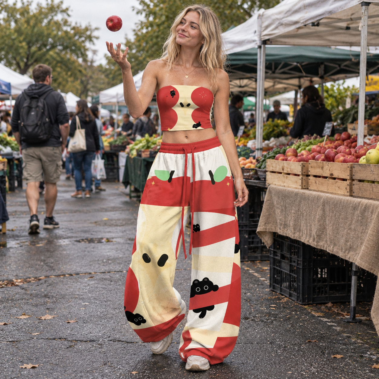 Abstract Apple & Black Cat Tube Top & Elasticated Trousers Two-Piece Set