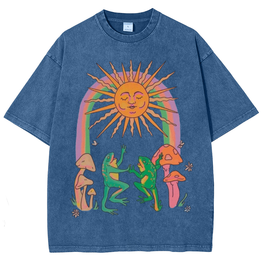 Funny Frog Unisex Oversized Print Vintage Wash Denim T-Shirt
