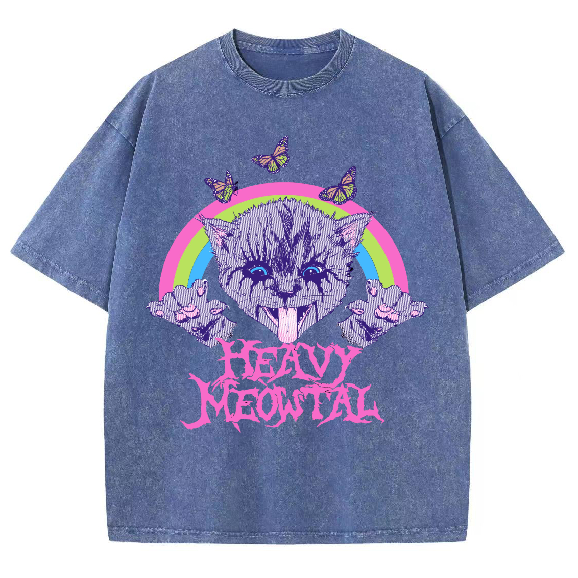 Heavy Meowtal Unisex Printed Retro Washed Short Sleeved T-Shirt-Print-cool