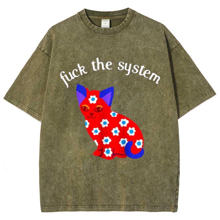 F The System Unisex Oversized Print Vintage Wash Denim T-Shirt-Print-cool